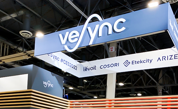A Vesync banner hanging at CES.