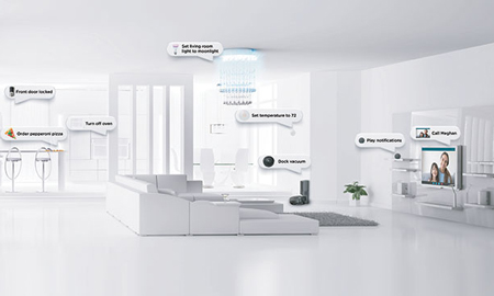 A sterile, futuristic, all-white apartment living room.
