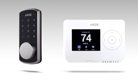 The Arize Smart Lock and Arize Smart Thermostat hovering side by side.