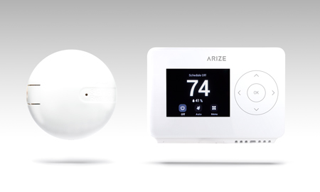 The Arize Smoke Listener and Arize Smart Thermostat hovering side by side.